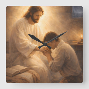 A Prayer on His Knees with Jesus Square Wall Clock