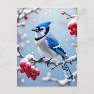 A Pretty Blue Jay on a Snowy Branch Christmas Holiday Postcard