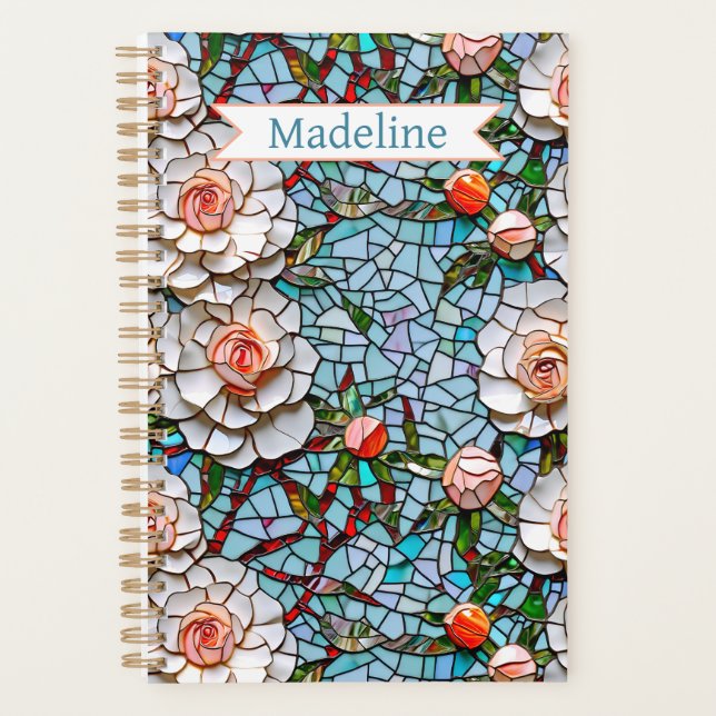 A Pretty Faux Mosaic Floral Pattern Personalized Planner (Front)