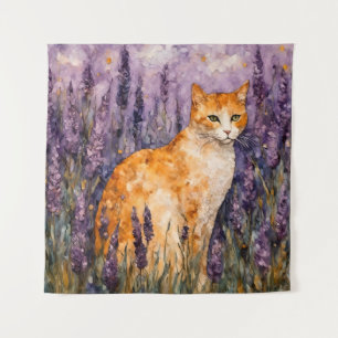 A pretty ginger cat in a lavender field tapestry