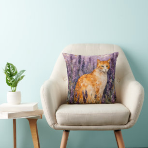 A pretty ginger cat in a lavender field  throw pillow
