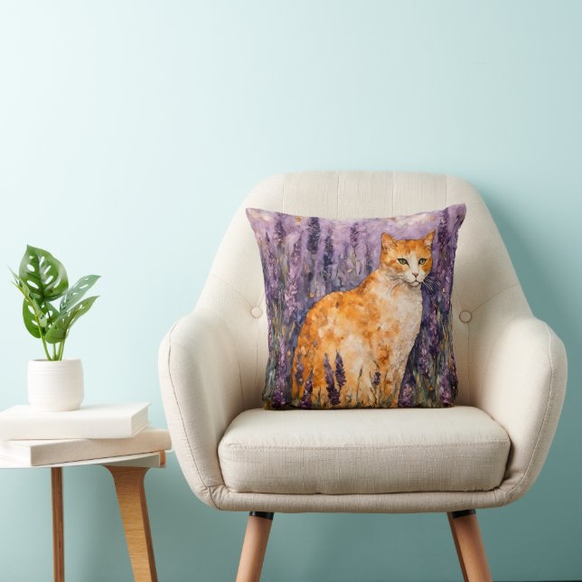 A pretty ginger cat in a lavender field  throw pillow (Chair)