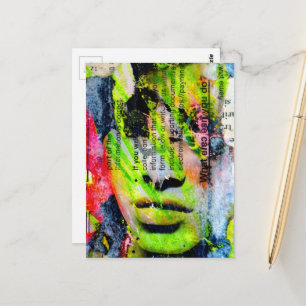 A pretty green face mixed media collage postcard