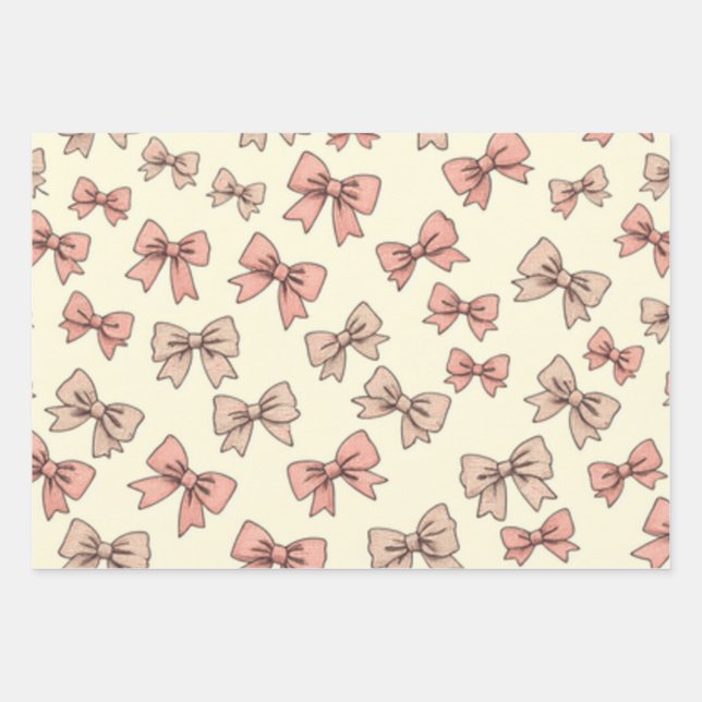 A pretty pink and cream bow print wrapping paper (Front)