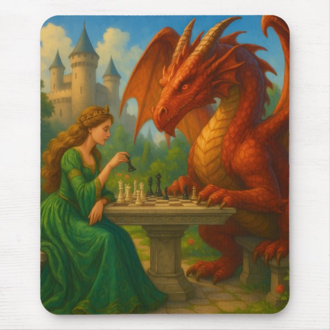 A princess playing chess with a dragon fantasy art mouse pad (Front)
