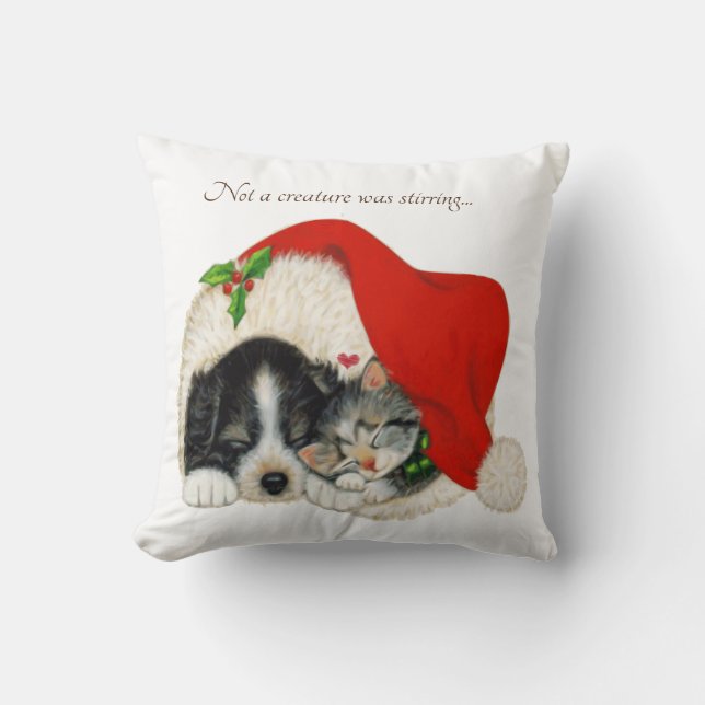 A puppy and kitty in Santa hat Throw Pillow (Front)