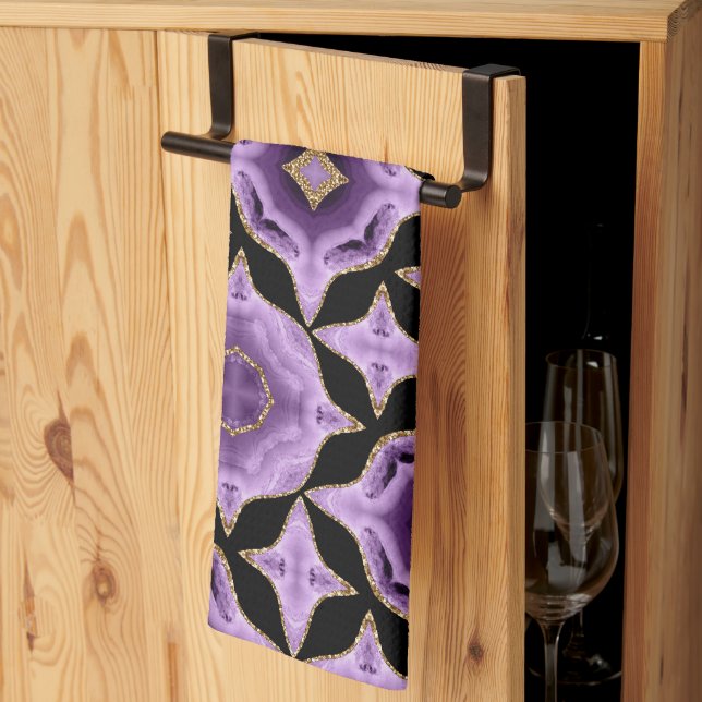 A purple amethyst gold and black abstract kitchen towel (Thirds Fold)