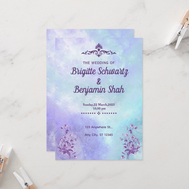 A purple blue aesthetic wedding invitation  (Front/Back In Situ)