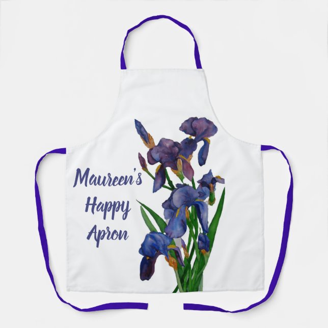 A purple Iris Apron with name and message (Front)