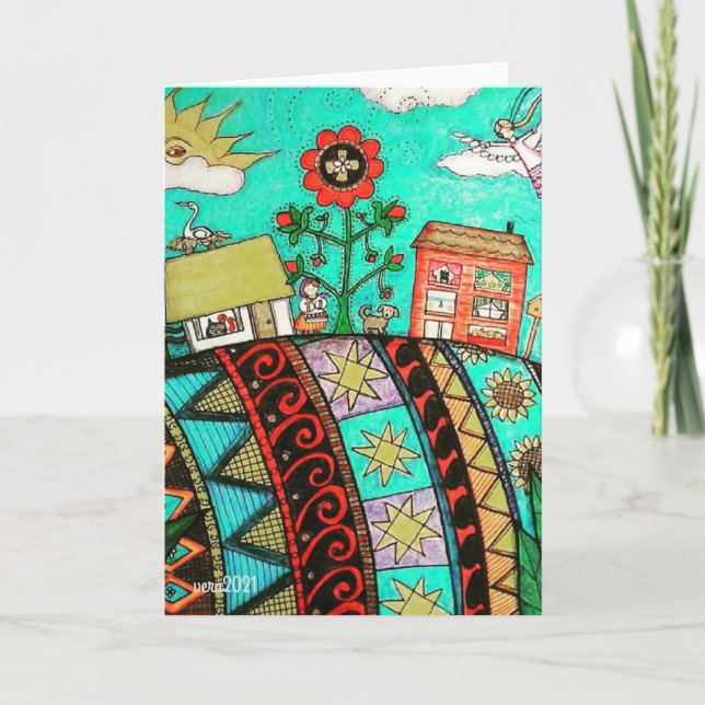 A Pysanka (Easter Egg) Village Angel Folk Art Card (Front)