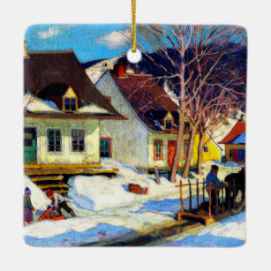 A Quebec Village Street  by Clarence Gagnon Ceramic Ornament