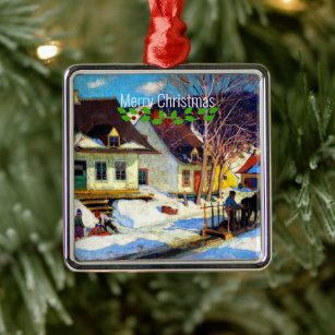 A Quebec Village Street, Christmas, Metal Ornament