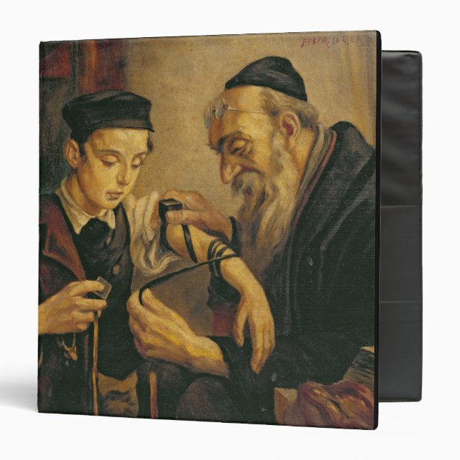 A Rabbi tying the Phylacteries to the arm of a boy Binder (Front/Inside)