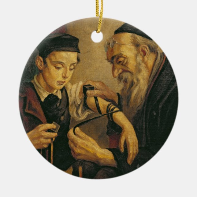 A Rabbi tying the Phylacteries to the arm of a boy Ceramic Ornament (Front)