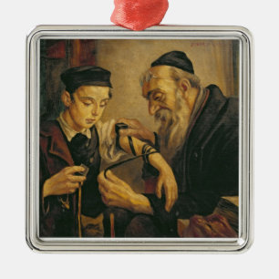 A Rabbi tying the Phylacteries to the arm of a boy Metal Ornament