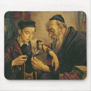 A Rabbi tying the Phylacteries to the arm of a boy Mouse Pad