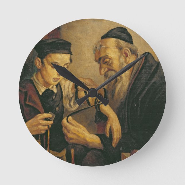 A Rabbi tying the Phylacteries to the arm of a boy Round Clock (Front)