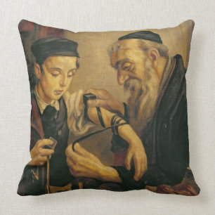A Rabbi tying the Phylacteries to the arm of a boy Throw Pillow