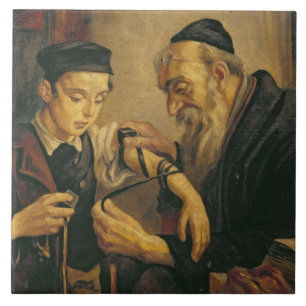 A Rabbi tying the Phylacteries to the arm of a boy Tile