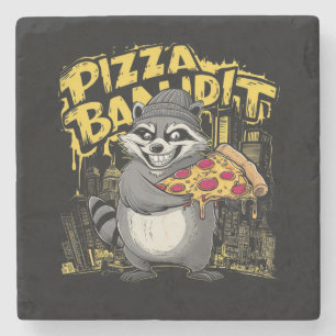 A raccoon holding a slice of pizza stone coaster