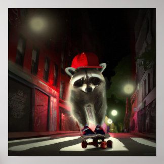 A raccoon skater skating in a street at night poster