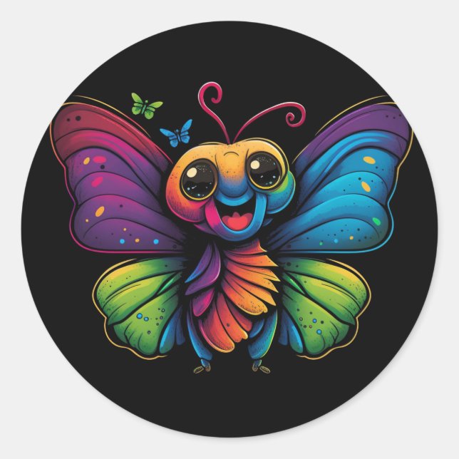 A rainbow-coloured-butterfly classic round sticker (Front)