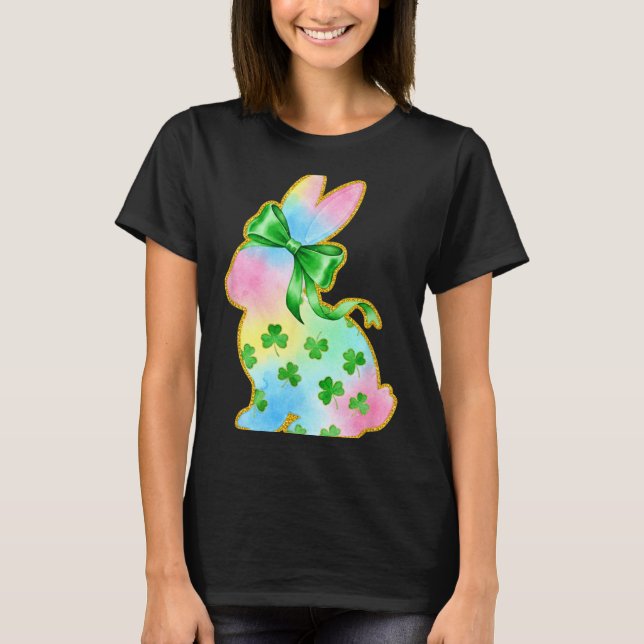 A Rainbow Rabbit With Green Bow And Shamrock St Pa T-Shirt (Front)