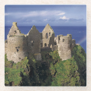 A rainbow strikes medieval Dunluce Castle Glass Coaster