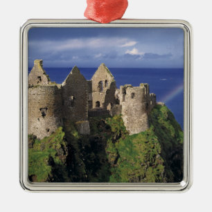 A rainbow strikes medieval Dunluce Castle on Metal Ornament