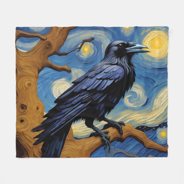 A Raven in an Old Oak Tree Starry Night Fleece Blanket (Front (Horizontal))