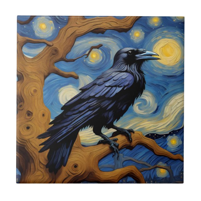 A Raven in an Old Oak Tree Starry Night Tile (Front)