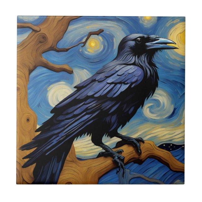 A Raven in an Old Oak Tree Starry Night Tile (Front)