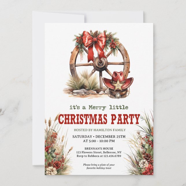 A real cowboy Christmas tale with wagon wheel Invitation (Front)