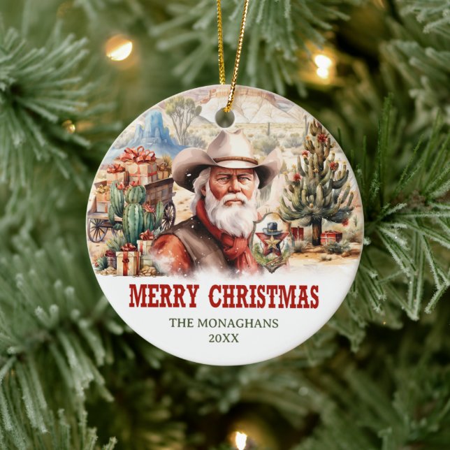 A realistic wild west picture with Santa cowboy Ceramic Ornament (Tree)