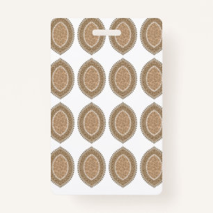 A rectangular rug with an intricate geometric moti badge