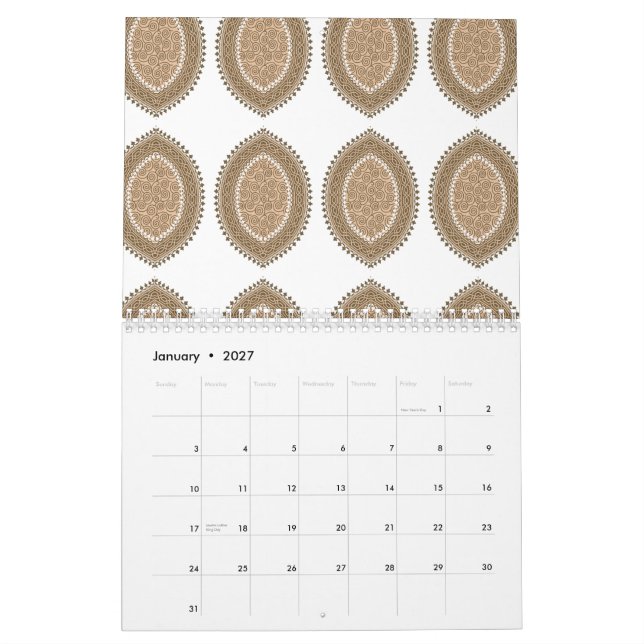 A rectangular rug with an intricate geometric moti calendar (Jan 2027)