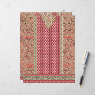 a red and beige rug with a gold border