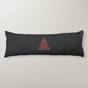 a red and beige scarf with a picture of a woman ho body pillow