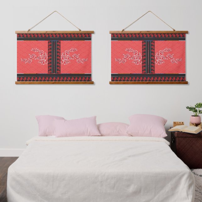 a red and black pattern with flowers on it hanging tapestry (Bedroom)