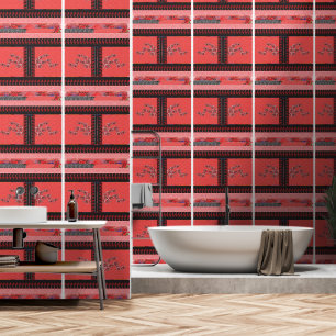 a red and black pattern with flowers on it wallpaper