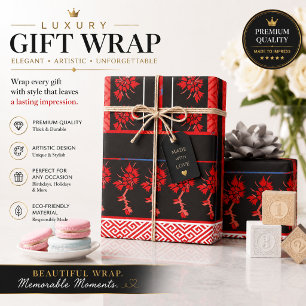 a red and black pattern with flowers on it wrapping paper