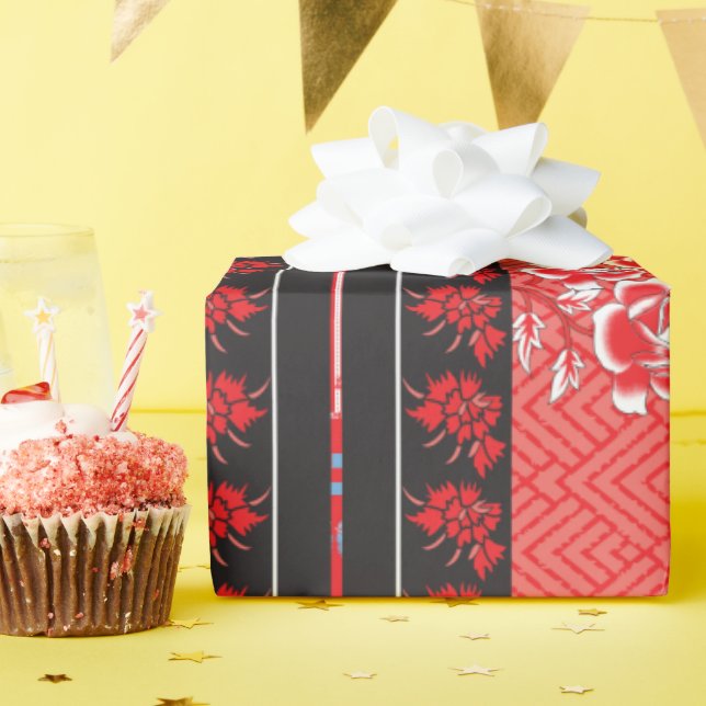 a red and black pattern with flowers on it wrapping paper (Birthday Party)