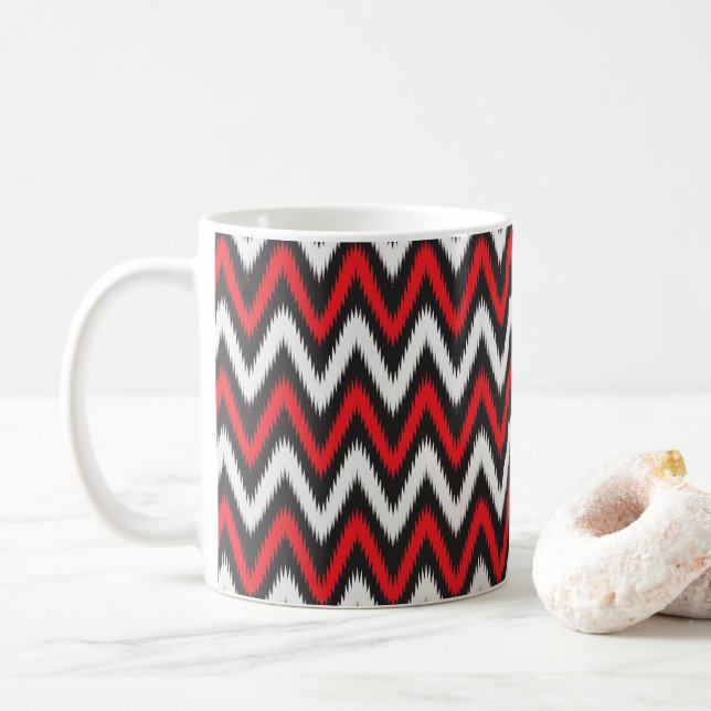 a red and black zigzag pattern on a white backgrou coffee mug (With Donut)