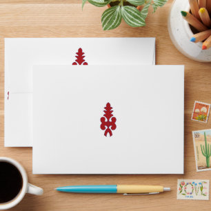 a red and blue pattern on a white background envelope