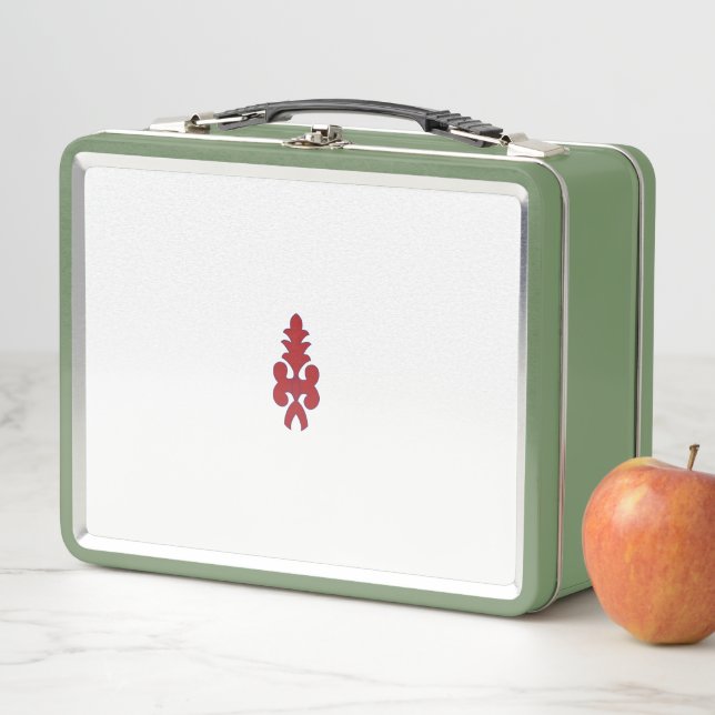 a red and blue pattern on a white background metal lunch box (In Situ)