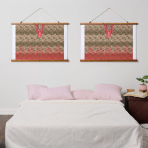 a red and brown background with a red border hanging tapestry