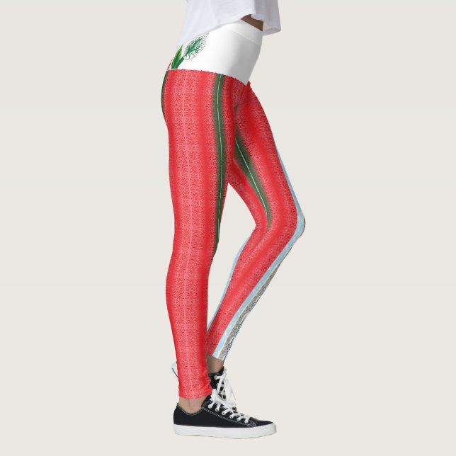 a red and green striped background leggings (Right)