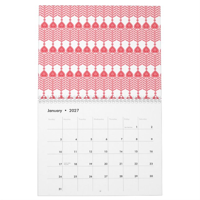 A red and pink geometric pattern featuring interlo calendar (Jan 2027)