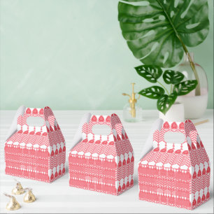 A red and pink geometric pattern featuring interlo favor box