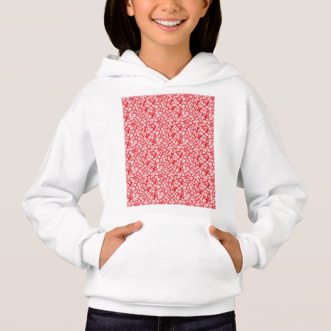 a red and white background with small white dots (Front)